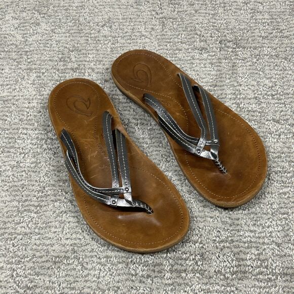 Olukai U’I Flip Flop Sandals Womens Size 7 Brown Leather Silver Double Straps - Picture 1 of 7